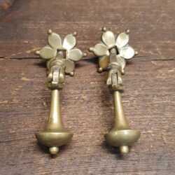 Pair Early Antique Brass Drop Handle Cast Flower Backplate