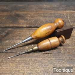 Vintage Pair Of Leatherworking Awls Wooden Handles - Good Condition