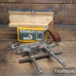Vintage Boxed Stanley No: 50 combination plane fully refurbished ready for use and all parts move freely. Note: The plane is complete but we do not sharpen the irons.