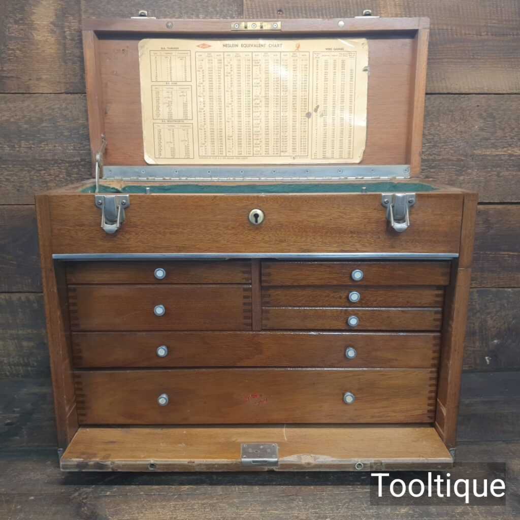 Vintage Neslein Engineers Machinist Wooden Tool Chest with Key Good