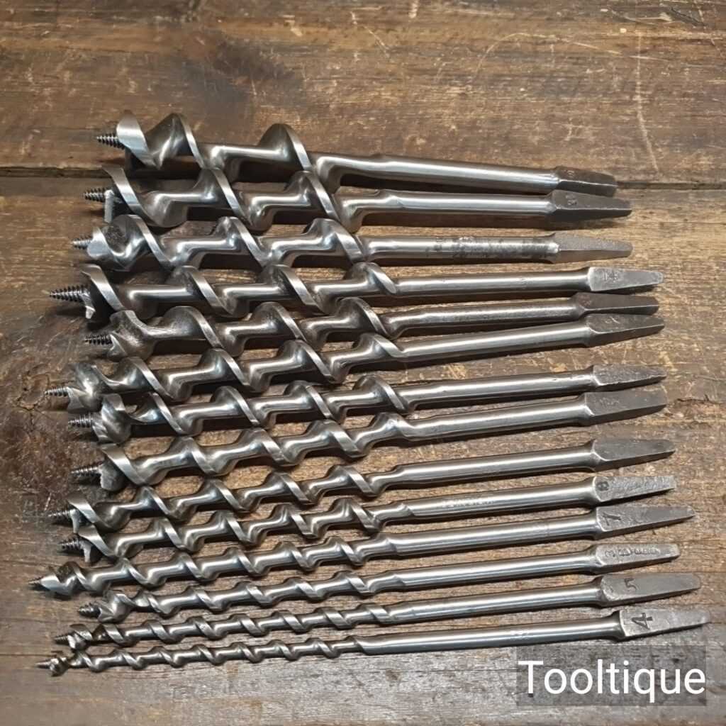 T30494 – 13 No: Vintage carpenters brace bits refurbished and sharpened ready for use and in good used condition.