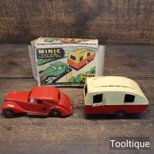 Vintage Tri-ang Minic Scale Model Tinplate Clockwork Car & Caravan Toy