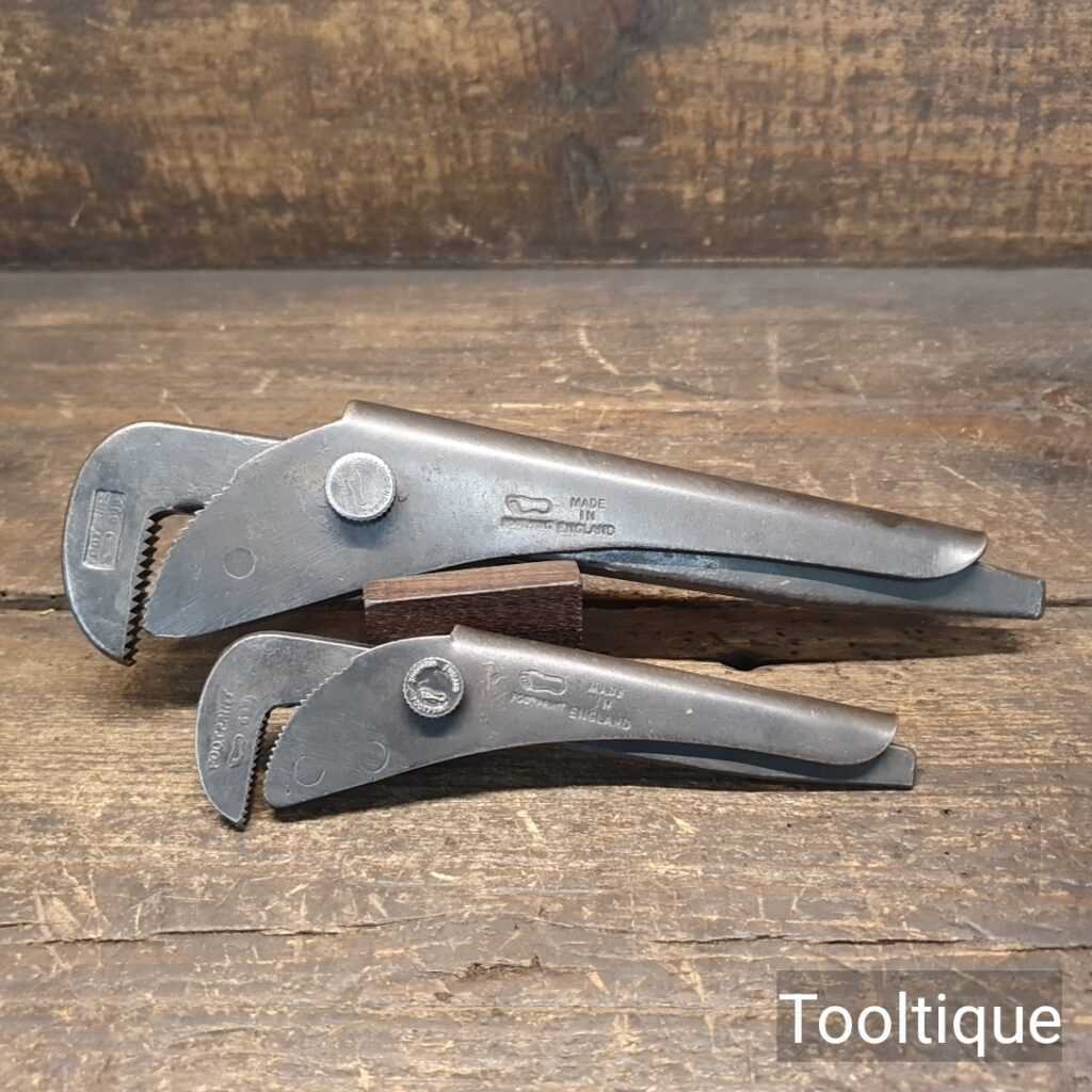 2 Vintage Footprint Sheffield Small Pipe Grip Wrenches 8” + 6” - Good Condition