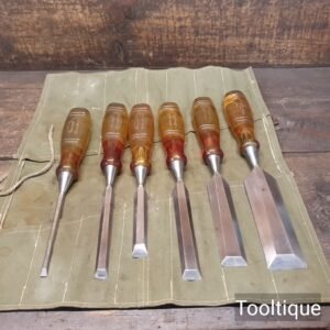 Vintage 6 No: Record Marples M373 Bevel Edge Chisels Set Canvas Roll - Refurbished