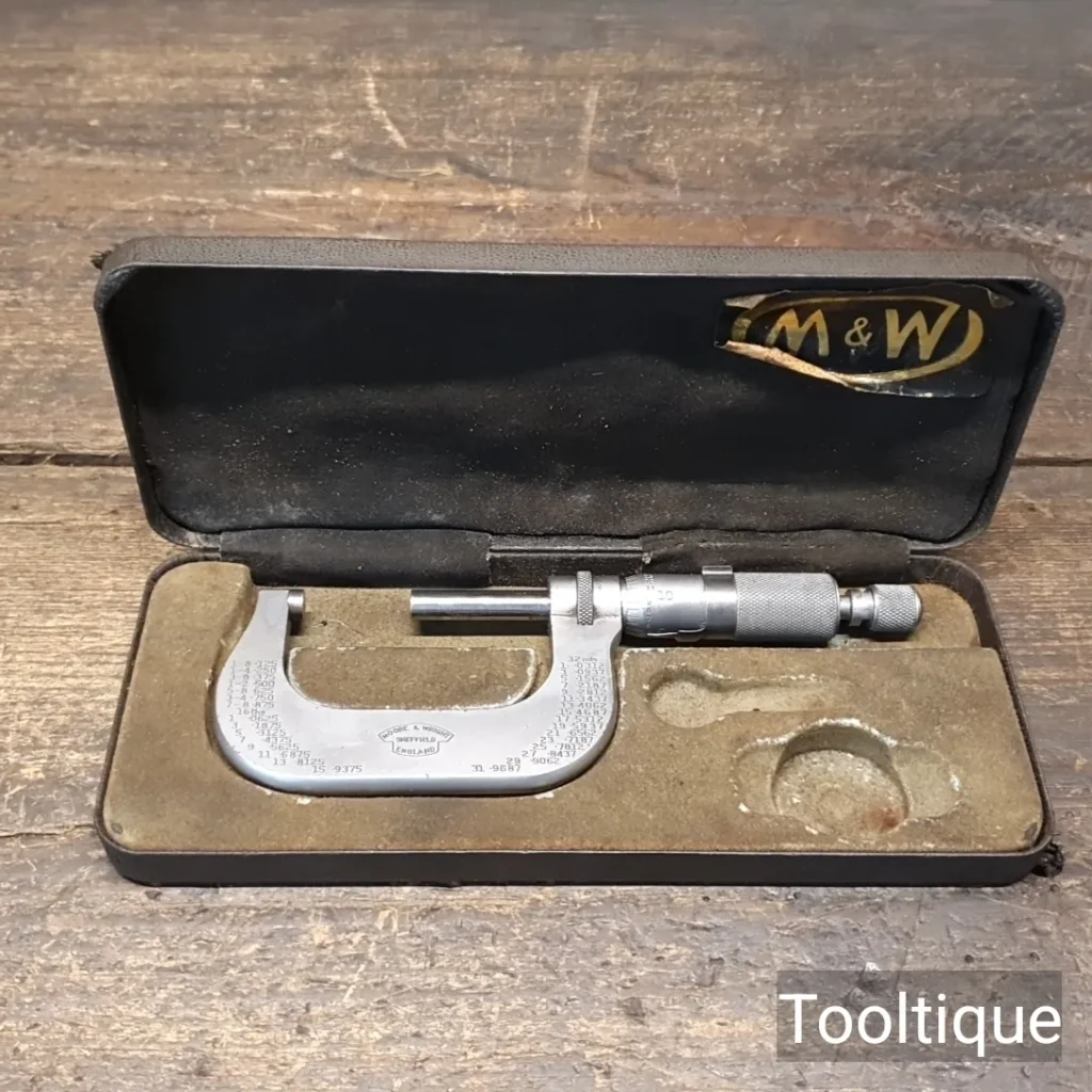 Vintage 1-2” Moore & Wright No: 961 Engineers Imperial Micrometer in Case