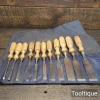 Vintage Set 11 No: British Firmer Chisels Matching Handles - Refurbished