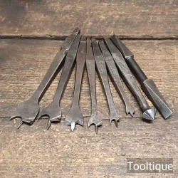 6 No: Antique Carpenters Brace Centre Bits Countersink Bit Screwdriver - Sharpened