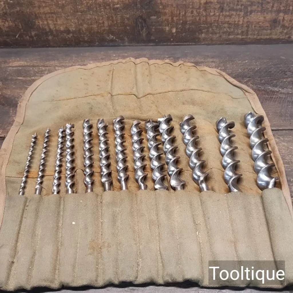 13 No: Vintage Ridgeway Jennings Pattern Brace Auger Bits Canvas Roll - Sharpened