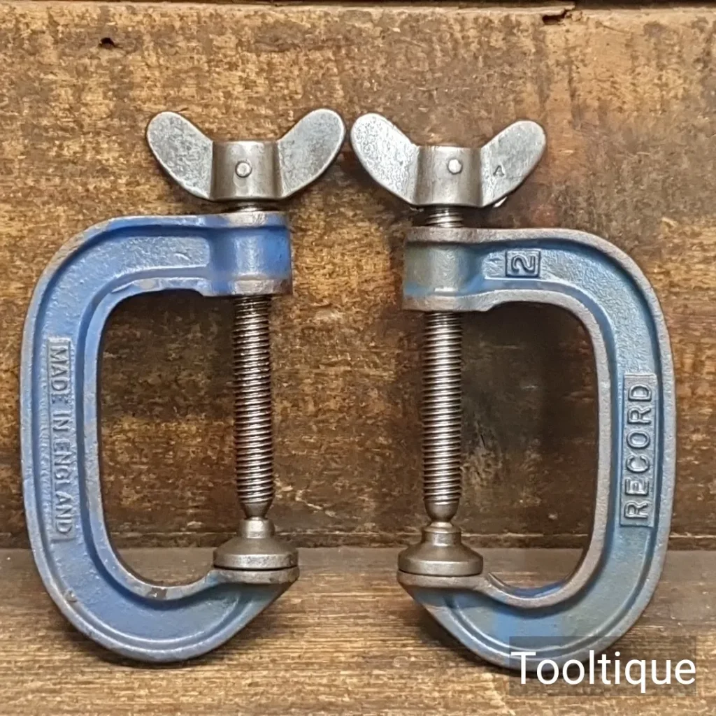 2 No: Vintage Record England 2" Fine Thread G. Clamps - Refurbished