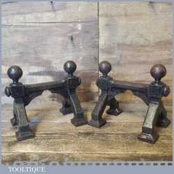 Antique Pair Cast Iron Fireside Andiron Stands Dogs - Holds Pokers Fire Irons etc