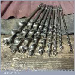 Vintage Set 9 No: Double Spur Screw Auger Bits Irwin - USA & Ridgeway