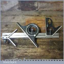 Vintage Moore & Wright cast steel combination square, protractor and centre finder complete and in good used condition. Note: Minor pitted patches on the rule but hasn’t seen much use.