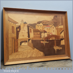 Vintage Retro Inlaid Marquetry Picture In Frame of Boats & Buildings