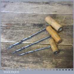 3 Assorted Vintage Gimlets Wooden Handles - Good Condition