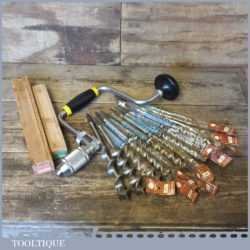 Vintage Stanley Brace & 13 No: unused Ridgeway auger bits plus 2 No: boxed expanding bits