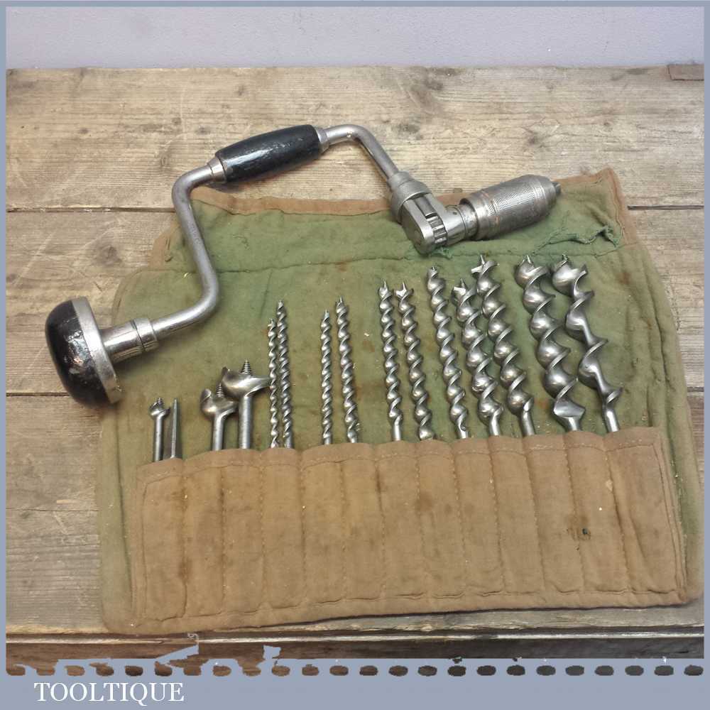 Vintage Stanley Brace With Ridgeway Bits - Craftsman Drill Tool