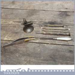 Vintage Watchmakers Tools - Bone End Tweezers, Clamping Tool, Bone Handled File, Screwdrivers