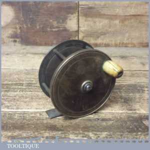 Rare Farrow Antique 3 ½” Brass Drum Fishing Reel Early Fish Logo