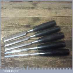 5 Vintage Stanley No: 5001 Carpenter’s Bevel Edge Chisels - Sharpened Honed