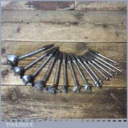 Vintage set of 16 No: single wing screw centre bits by various makers ranging between 1/4” – 1 ⅞”,