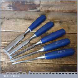5 Marples Blue Chip Carpenter’s Bevel Edge Chisels 1/4” -1” Sharpened Honed