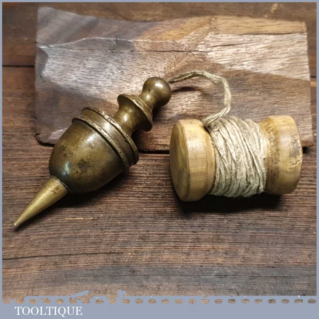 Antique Solid Brass Plumb Bob Complete With Wooden Spool & String