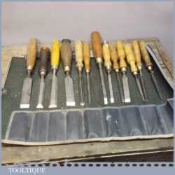 Vintage Selection Of Thirteen Woodworking Chisels In Roll