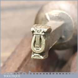 Vintage Wooden Handled Bookbinding Brass Harp Shaped Stamp - Good Condition