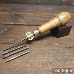 Vintage Boxwood Brass Multi Tool With 4 Attachments Encased In Screw Top Handle