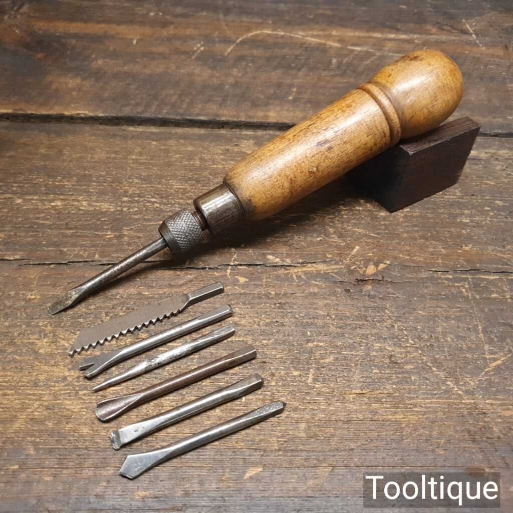 Vintage Boxwood & Brass Multi Tool With 7 Attachments - Screw Handle