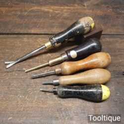 Selection 5 Vintage Carpenter’s Tools Push Pin Tack Lifter & Bradawl