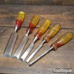Vintage Set Of 5 No: Marples Carpenter’s Bevel Edge Chisels 1/4”- 1 ¼”- Sharpened Honed
