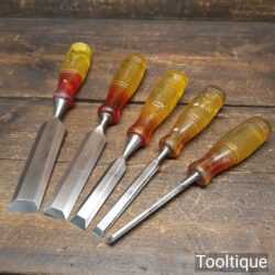 Vintage Set Of 5 No: Marples Carpenter’s Bevel Edge Chisels 1/4”- 1 ¼”- Sharpened Honed