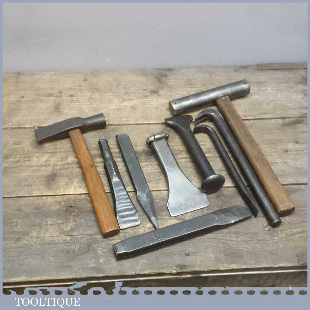 Vintage Selection Of Stone Masons Chisels And Hammers Tooltique
