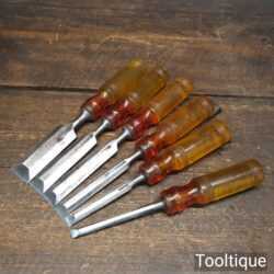 Set 6 Marples & Sons Shamrock Butt Bevel Edge Chisels - 1” ¾” ⅝” ½” ⅜” ⁵⁄₁₆”