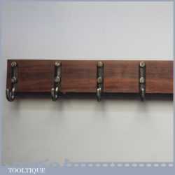 Set of Six Vintage Cast Iron Hooks On 28” Mahogany Wall Plate Hanger