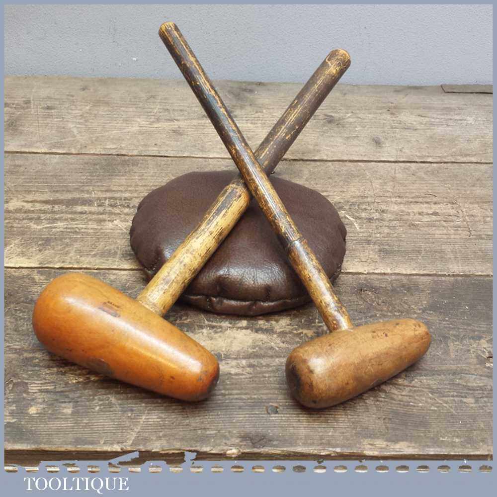 Pair Of Boxwood Metal Working Bossing Mallets With Leather Sandbag