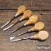 Vintage Set of 6 No: Footprint woodcarving palm chisels with beechwood handles. Note: These have not been sharpened but in good used condition.