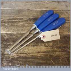 3 No: Vintage Marples M444 Blue Chip Bevel Edge Chisels ¼” 3/8” ½” Wide