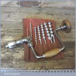 Vintage 10” Sweep Ratchet Brace Beech Wood Handles Plus Roll Of 7 Auger Bits