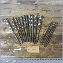 Vintage Set 17 No: Double Spur Twist Bits For Woodworking Brace - Good Condition