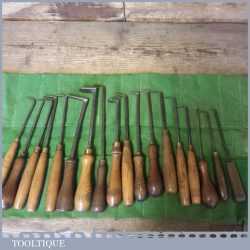 18 No: Vintage Pattern Makers Ornamental Wood Turning Tools In Green Roll