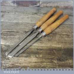 3 Vintage Woodturning Tools, 2 No: Skew Chisels ½” 5/8” And 5/16” Gouge Chisels