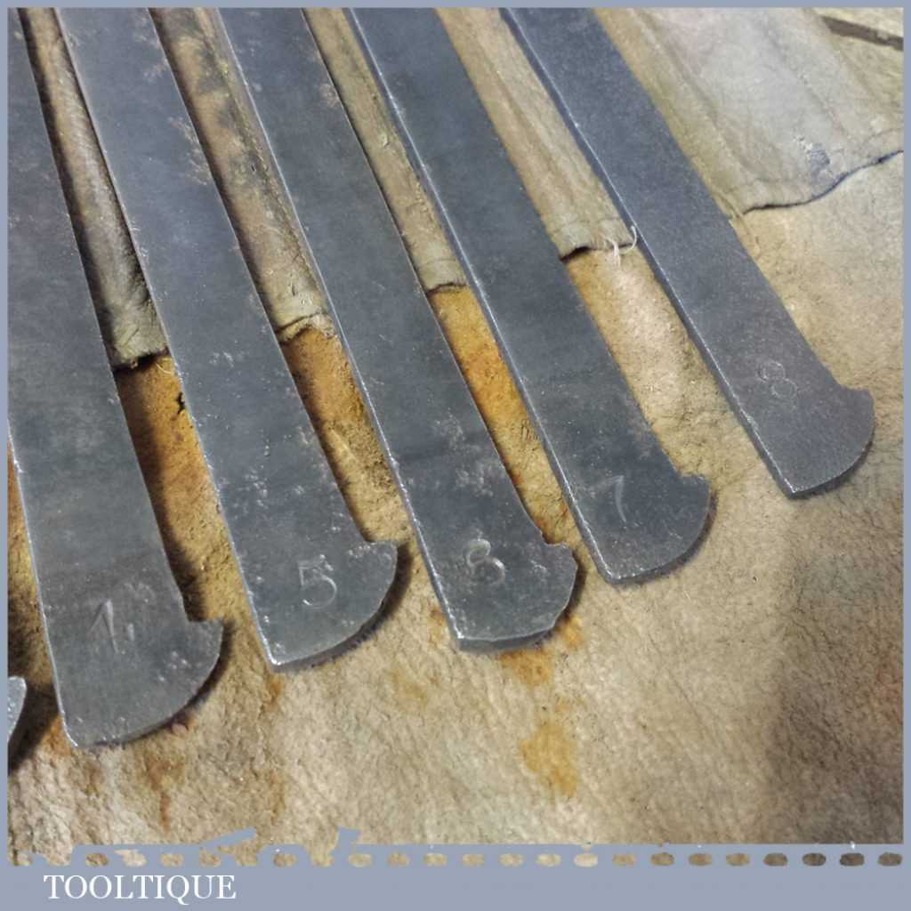 Antique Set 8 No blacksmith Made Plough Plane Irons In Leather Roll