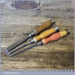 3 No: Vintage Heavy Duty Sash Mortice Chisels 5/16” 1/4” & 3/ 4” - Sharpened & Honed