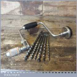 Vintage Stanley No: 73 Wooden Handle Ratchet Brace 6 Double Spur Auger Bits