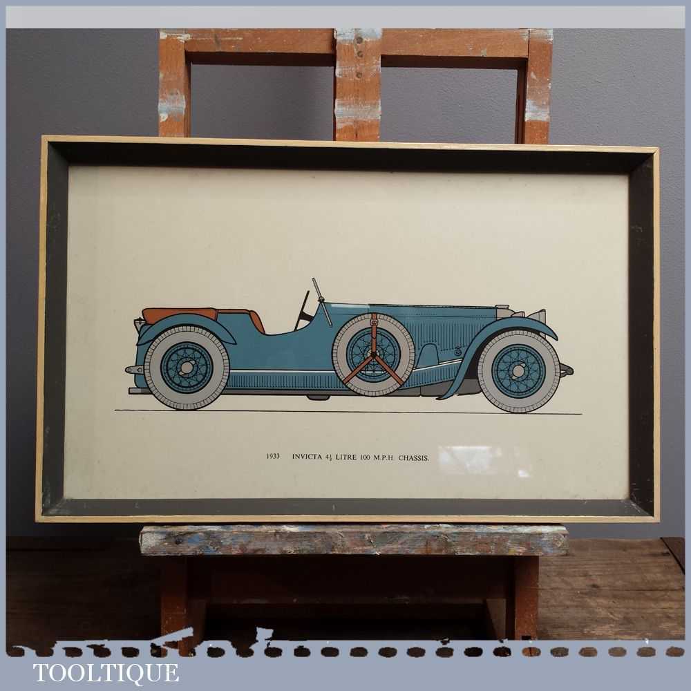 Old Vintage 1933 Invicta 4 1/2 100 mph Chassis Car Illustration Print in Frame